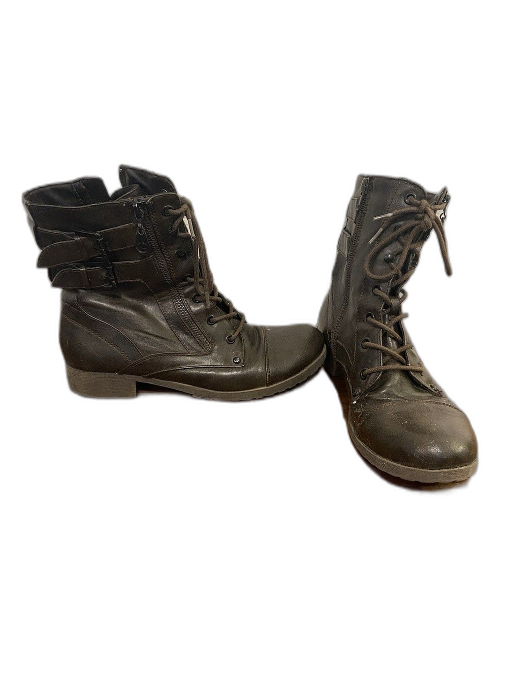 G by GUESS Women's Brown Combat Boots Lace-Up Buckle Zipper Size 8M